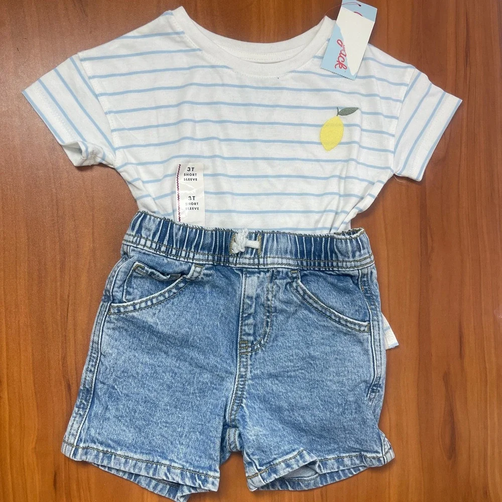 Cat & Jack Toddler 3T Outfit Set Striped Lemon T-Shirt and Denim Shorts NWT